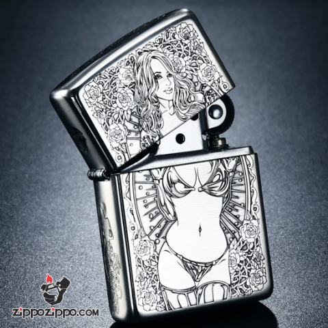 Bật Lửa Zippo Bạc Nguyên Khối Cao Cấp Khắc Chạm Khắc  Khắc Hình Cô Gái Sexy Vỏ Dầy Bản Armor