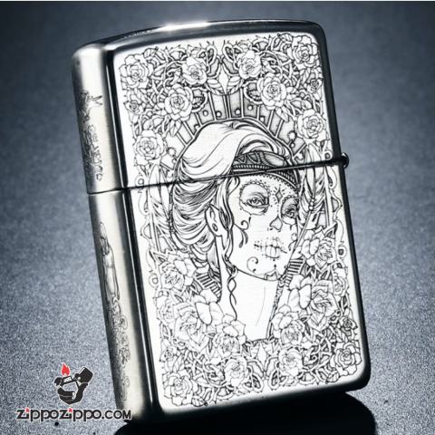 Bật Lửa Zippo Bạc Nguyên Khối Cao Cấp Khắc Chạm Khắc  Khắc Hình Cô Gái Sexy Vỏ Dầy Bản Armor