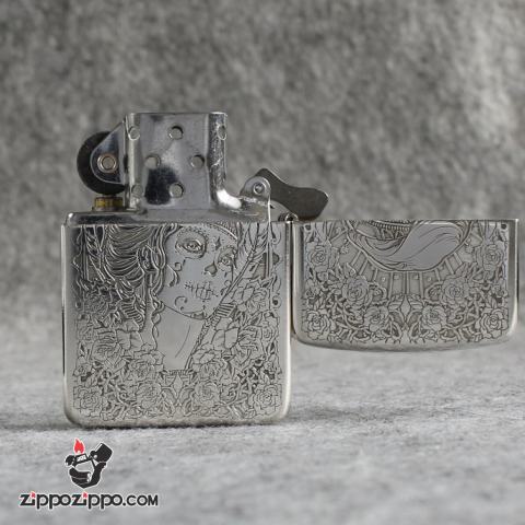 Bật Lửa Zippo Bạc Nguyên Khối Cao Cấp Khắc Cô Gái Sexy Và Đâu Lâu Phiên Bản 1941