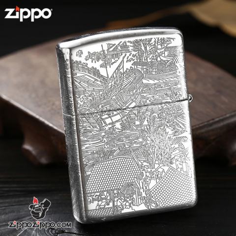 Bật lửa Zippo Bạc nguyên khối cao cấp khắc Hình Bức Tranh Cổ Bản Tiêu Chuẩn.
