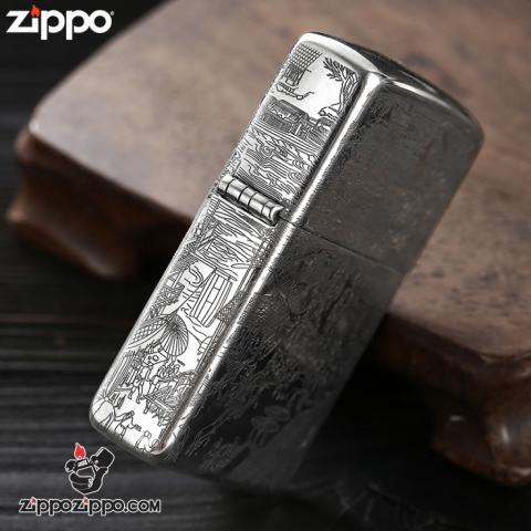 Bật lửa Zippo Bạc nguyên khối cao cấp khắc Hình Bức Tranh Cổ Bản Tiêu Chuẩn.