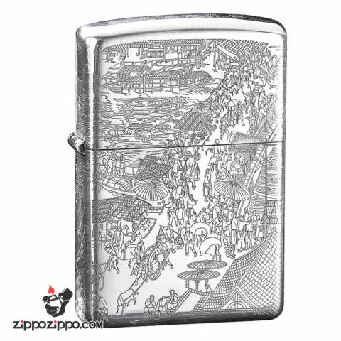 Bật lửa Zippo Bạc nguyên khối cao cấp khắc Hình Bức Tranh Cổ Bản Tiêu Chuẩn.