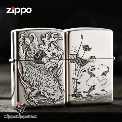 Bật lửa Zippo Bạc nguyên khối cao cấp khắc Hình Cá Chép Bản Amor