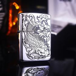 Bật lửa Zippo Bạc nguyên khối cao cấp khắc Hình Cá Chép Bản Amor - Mã SP: ZPC2864-A