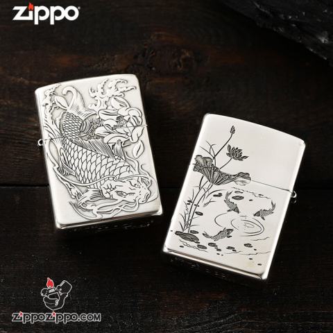 Bật lửa Zippo Bạc nguyên khối cao cấp khắc Hình Cá Chép Bản Amor
