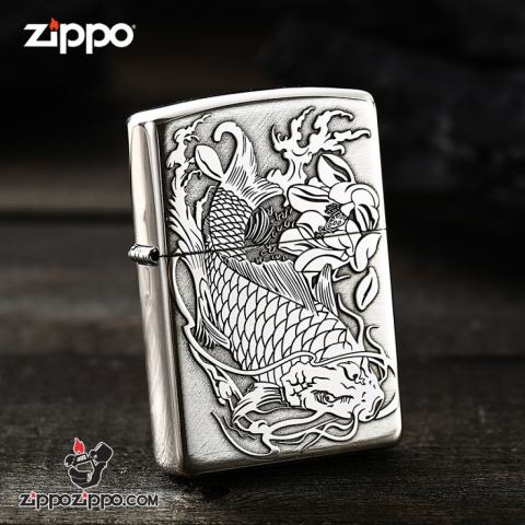 Bật lửa Zippo Bạc nguyên khối cao cấp khắc Hình Cá Chép Bản Tiêu Chuẩn