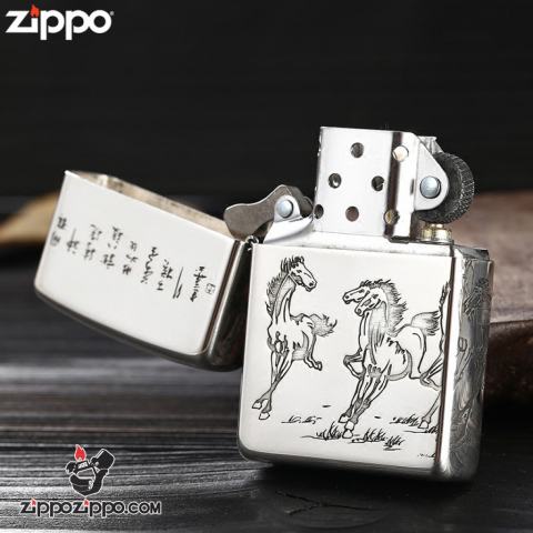 Bật Lửa Zippo Chính Hãng Bạc Khối Khắc Tranh Bát Mã Truy Phong Bản Tiêu Chuẩn.