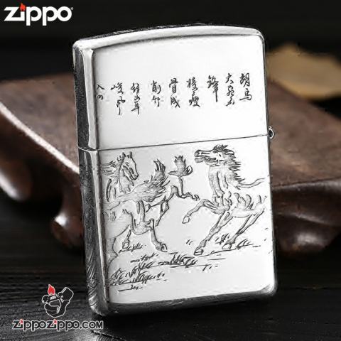 Bật Lửa Zippo Chính Hãng Bạc Khối Khắc Tranh Bát Mã Truy Phong Bản Tiêu Chuẩn.