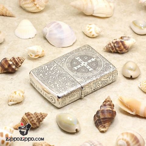 Bật Lửa Zippo Bạc nguyên khối Cao Cấp khắc hình  Nổi Constantine