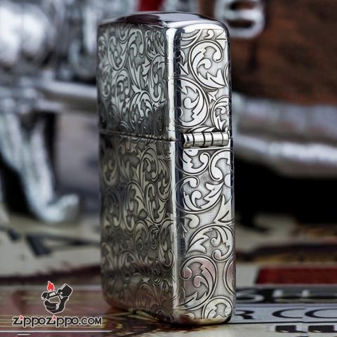 Bật Lửa Zippo Bạc Nguyên Khối Cao Cấp Khắc Hoa Văn Arabesque Và Logo Zippo Vỏ Dầy Bản Armor