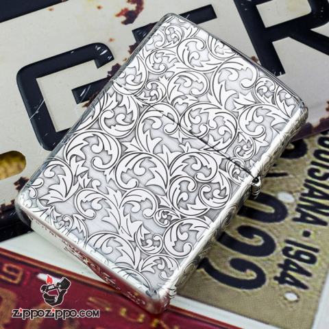 Bật Lửa Zippo Bạc Nguyên Khối Cao Cấp Khắc Hoa Văn Arabesque Và Logo Zippo Vỏ Dầy Bản Armor