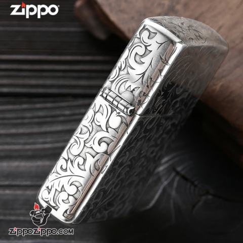 Bật lửa Zippo Bạc nguyên khối cao cấp khắc Hoa Văn Hình Nổi Bản Tiêu Chuẩn.