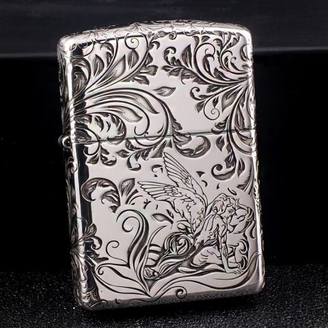Bật Lửa Zippo Bạc Nguyên Khối Cao Cấp Khắc Hoa Văn Tình Yêu Hoa Elf Vỏ  Dầy Bản Armor