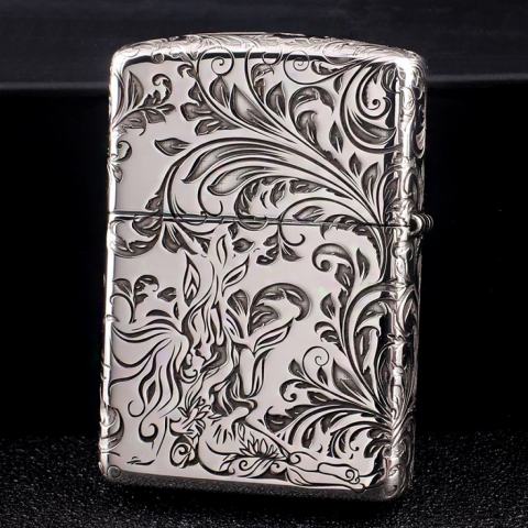 Bật Lửa Zippo Bạc Nguyên Khối Cao Cấp Khắc Hoa Văn Tình Yêu Hoa Elf Vỏ  Dầy Bản Armor