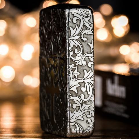 Bật Lửa Zippo Bạc Nguyên Khối Cao Cấp Khắc Hoa Văn Xung Quanh Thánh Giá Phiên Bản 1941