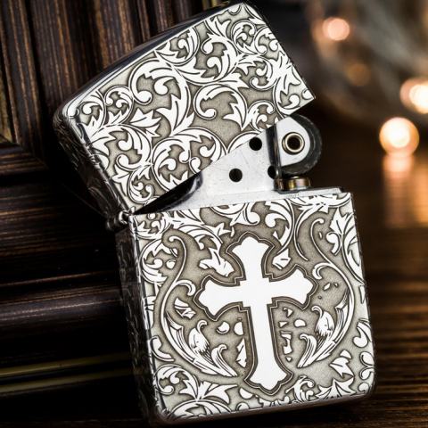 Bật Lửa Zippo Bạc Nguyên Khối Cao Cấp Khắc Hoa Văn Xung Quanh Thánh Giá Phiên Bản 1941