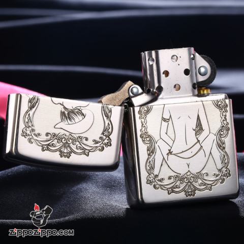 Bật Lửa Zippo Bạc Nguyên Khối Cao Cấp Khắc  Khắc Cô Gái Cao Bồi Gợi Cảm Bản Vỏ Mỏng
