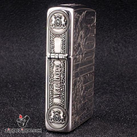 Bật Lửa Zippo Bạc Nguyên Khối Cao Cấp Khắc  Logo Marlboro Phiên Bản Amor