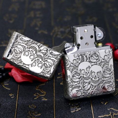 Bật Lửa Zippo Bạc Nguyên Khối Cao Cấp Khắc  Năm Mặt Đầu Lâu Hoa Hồng Vỏ Dày Armor