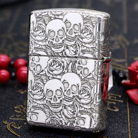 Bật Lửa Zippo Bạc Nguyên Khối Cao Cấp Khắc  Năm Mặt Đầu Lâu Hoa Hồng Vỏ Dày Armor