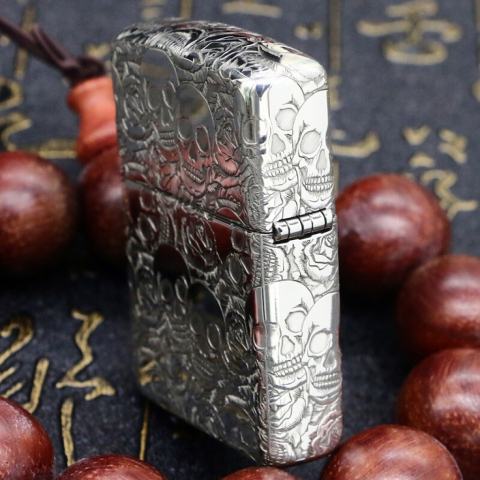 Bật Lửa Zippo Bạc Nguyên Khối Cao Cấp Khắc Năm Mặt Đầu Lâu Hoa Hồng Vỏ Mỏng