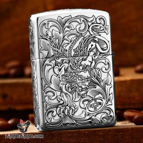 Bật Lửa Zippo Bạc Nguyên Khối Cao Cấp Khắc Tỳ Hưu Năm Mặt Tài Lộc Giới Hạn 99 Chiếc Bản Armor