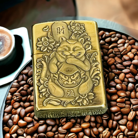 BẬT LỬA ZIPPO BẢN ĐỒNG DÀY KHẮC HÌNH 3D MÈO THẦN TÀI PHIÊN BẢN 2