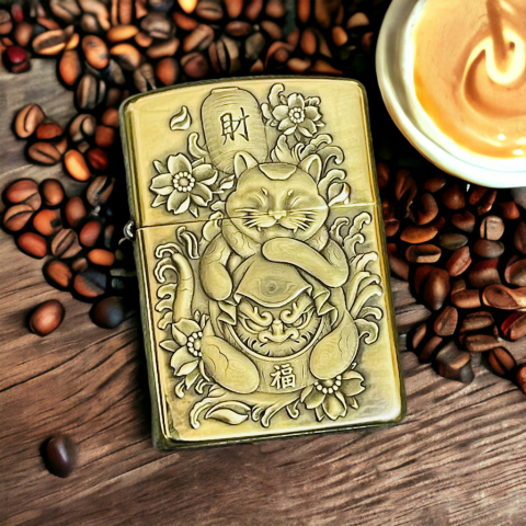 BẬT LỬA ZIPPO BẢN ĐỒNG DÀY KHẮC HÌNH 3D MÈO THẦN TÀI PHIÊN BẢN 2
