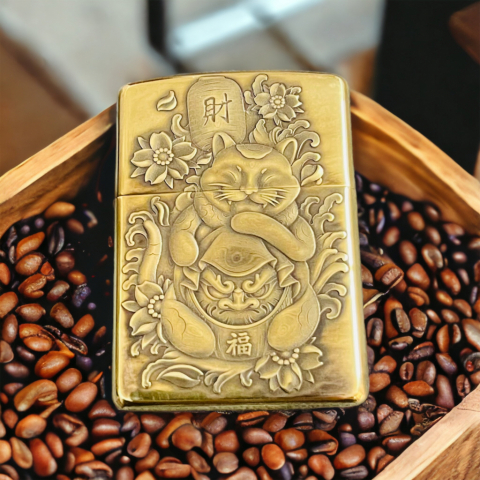 BẬT LỬA ZIPPO BẢN ĐỒNG DÀY KHẮC HÌNH 3D MÈO THẦN TÀI PHIÊN BẢN 2