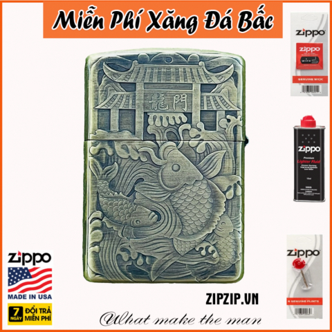 BẬT LỬA ZIPPO BẢN ĐỒNG TRƠN CHÍNH HÃNG KHẮC HÌNH 3D CÁ CHÉP SIÊU SẮC NÉT