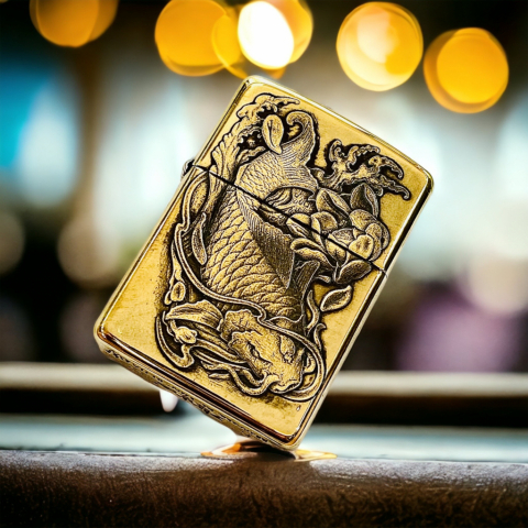 BẬT LỬA ZIPPO BẢN ĐỒNG TRƠN KHẮC HÌNH 3D  CÁ CHÉP ĐẦM SEN SIÊU SẮC NÉT