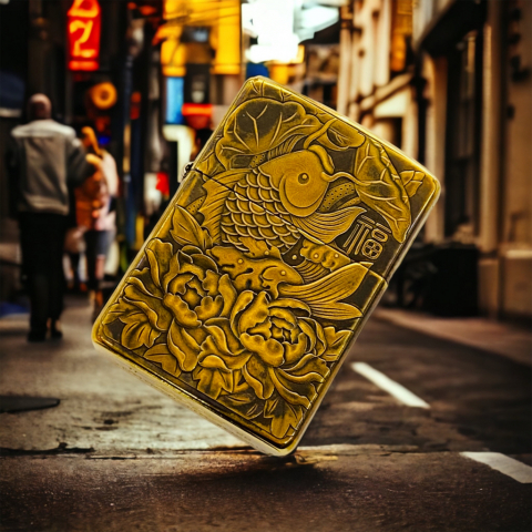 Bật Lửa Zippo Bản Đồng Trơn Khắc Hình 3d Cá Hoa Sen Siêu Nét Phiên Bản 2