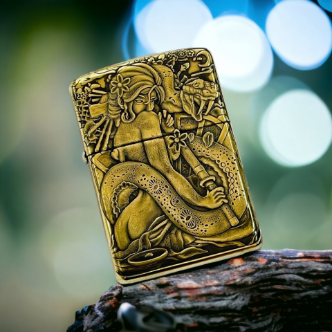BẬT LỬA ZIPPO BẢN ĐỒNG TRƠN  KHẮC HÌNH 3D CÔ GÁI RẮN SIÊU NÉT