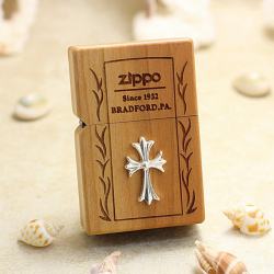 Bật Lửa  Zippo Bọc Gỗ Anh Đào Biểu Tượng Chữ Thập Mạ Bạc - Mã SP: ZPC3142