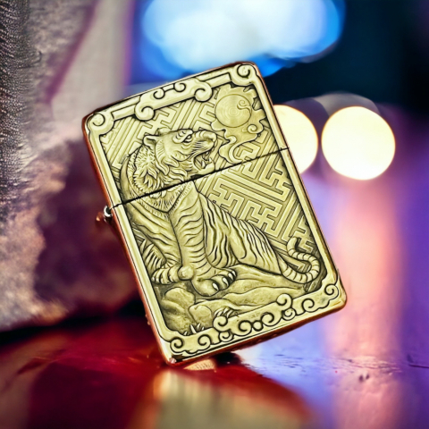 Bật lửa zippo chính hãng bản đồng trơn AMOR khắc 3D hình tuổi hổ siêu sắc nét