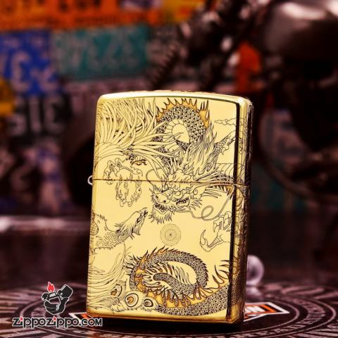 Bật Lửa Zippo Chính Hãng Đồng Nguyên Khối Khắc Rồng Và Phượng