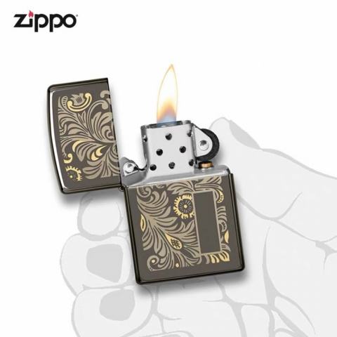 Bật Lửa Zippo  Chính hãng Khắc Hoa Văn Venetian Đen Bóng