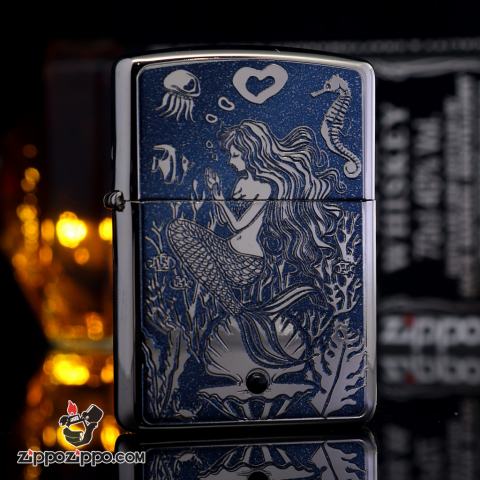Bật Lửa zippo chính hãng Mầu Bạc Khắc Nàng Tiên Cá Và Ngọc Trai Đen