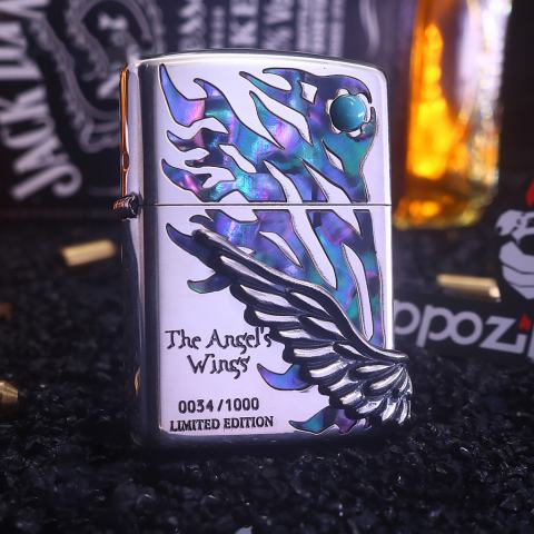 Bật lửa Zippo chính hãng phiên bản giới hạn Hàn Quốc cánh thiên thần Khảm Trai Màu Bạc