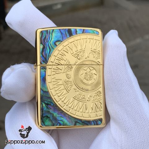 Bật Lửa Zippo Chính Hãng Xuất Nhật Khắc  La Bàn Khảm Trai Màu Vàng