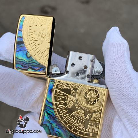 Bật Lửa Zippo Chính Hãng Xuất Nhật Khắc  La Bàn Khảm Trai Màu Vàng