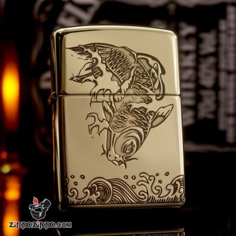 Bật lửa zippo đồng bóng armor khắc cá chép 2 mặt