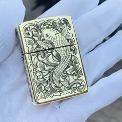 Bật Lửa Zippo  Đồng Khối Khắc Cá Chép Hoa Văn Armor - Mã SP: ZPC3000-169 