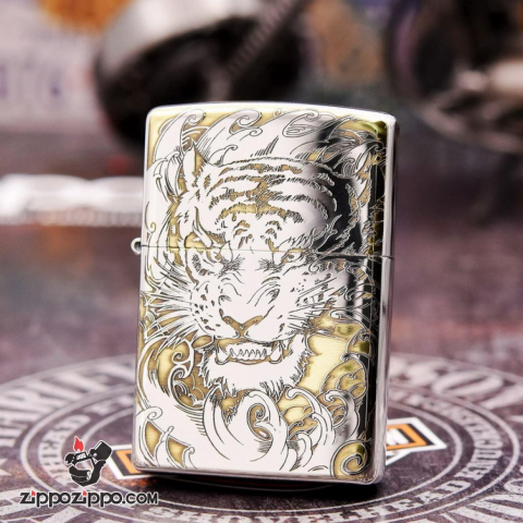 Bật lửa Zippo đồng khối khắc Hổ và móng vuốt Bản Chrome Amor