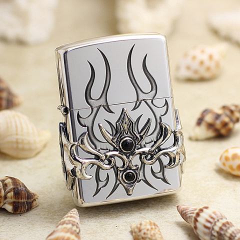 Bật Lửa Zippo Gắn Ngọc Đen May Mắn Ngọn Lửa Xanh