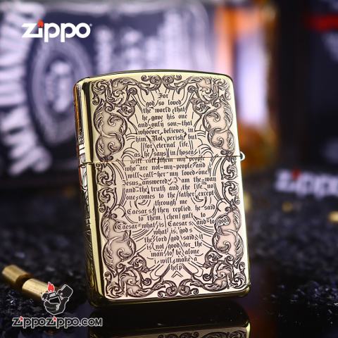 Bật Lửa Zippo Khắc Chữ Thập Và Kinh Thánh Màu Vàng Bản Ốp Nổi Bản Amor