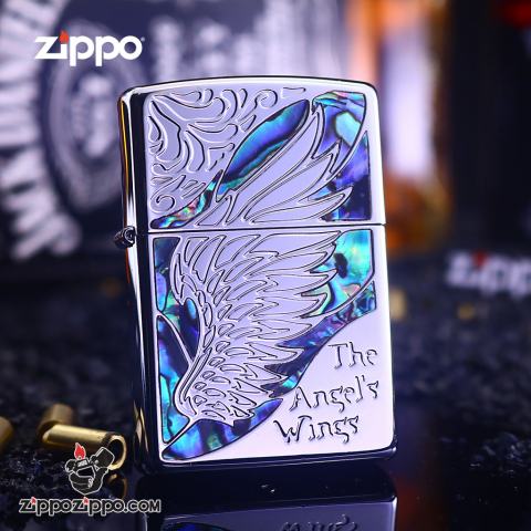 Bật Lửa Zippo Khảm Trai Cánh Chim MÀu Bạc