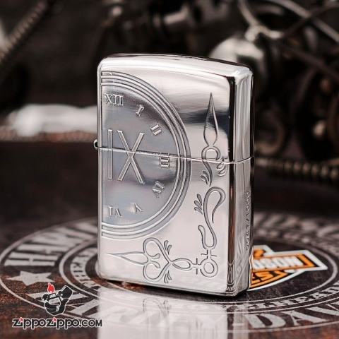 Bật lửa Zippo mạ bạc chuông đồng hồ cổ
