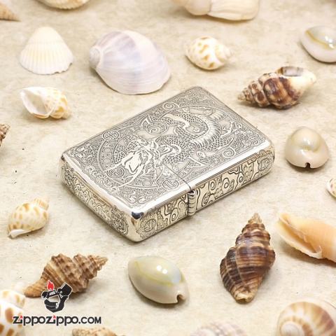 Bật lửa Zippo phiên bản Armor Bạc nguyên khối khắc hình Rồng Châu Á