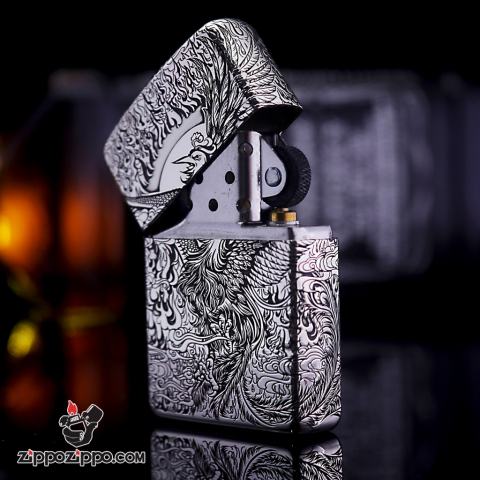 Bật lửa Zippo phiên bản Bạc nguyên khối Chạm Khắc Chim Phượng Hoàng Bản Armor